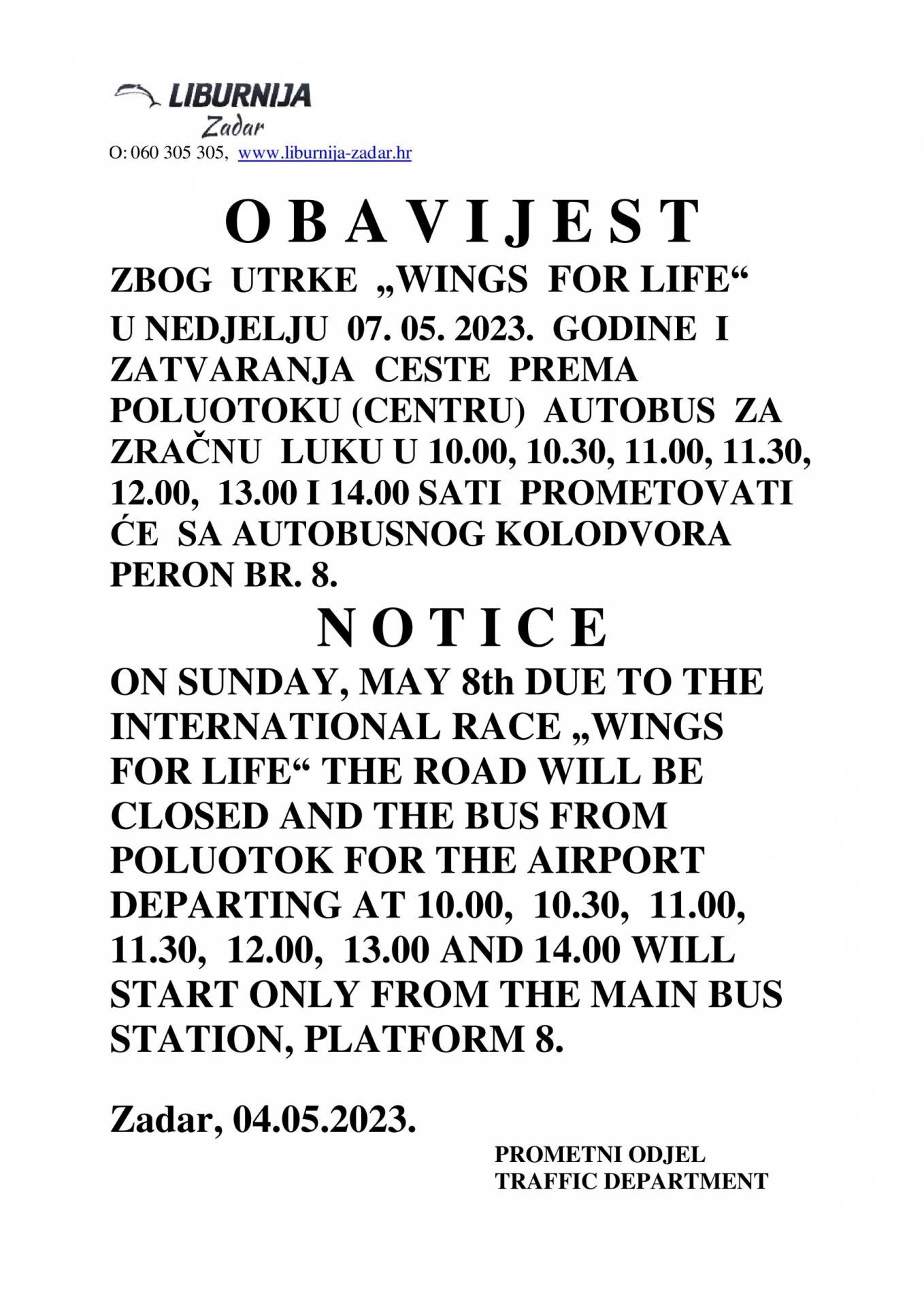 Notice for the buses to airport ”Wings for life” Autobusni kolodvor Zadar